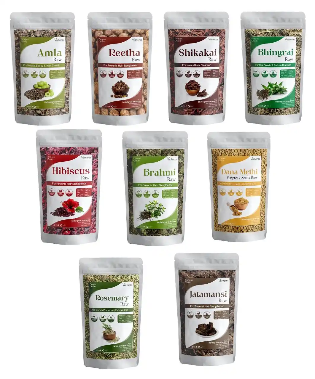 Raw Pack of 9 Amla Reetha Shikakai Hibiscus Bhringraj Brahmi Rosemary Jatamansi Dana Methi Raw Whole dry for hair oil and shampoo.png