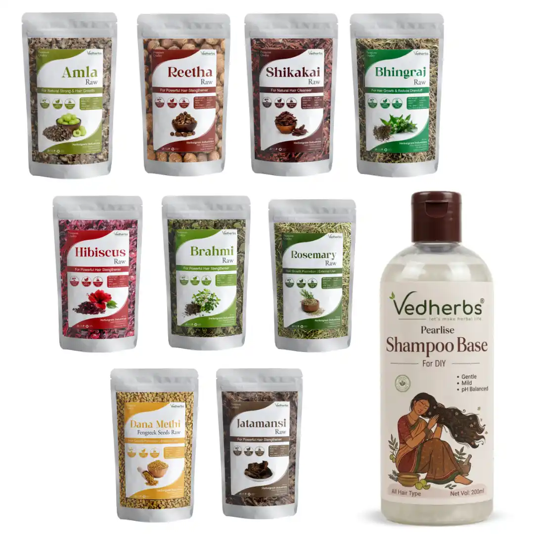 Pack of 9 with 200ml Shampoo base Raw Amla Reetha Shikakai Hibiscus Bhringraj Brahmi Rosemary Jatamansi Dana Methi Raw 50gm each Whole dry for hair oil and shampoo.png